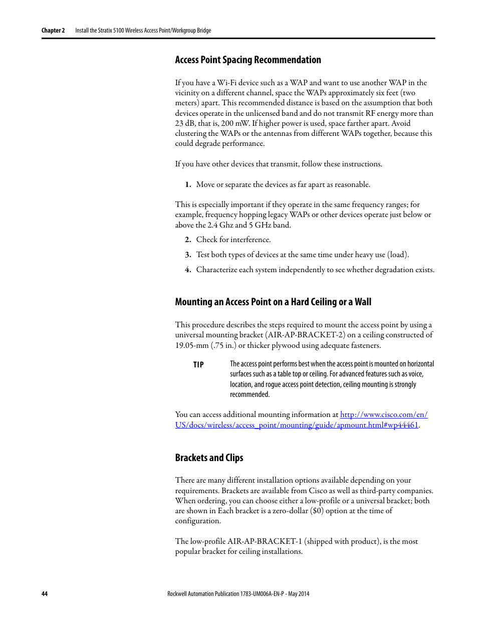 Access point spacing recommendation, Brackets and clips | Rockwell Automation 1783-WAPxxx Stratix 5100 Wireless Access Point User Manual User Manual | Page 44 / 612