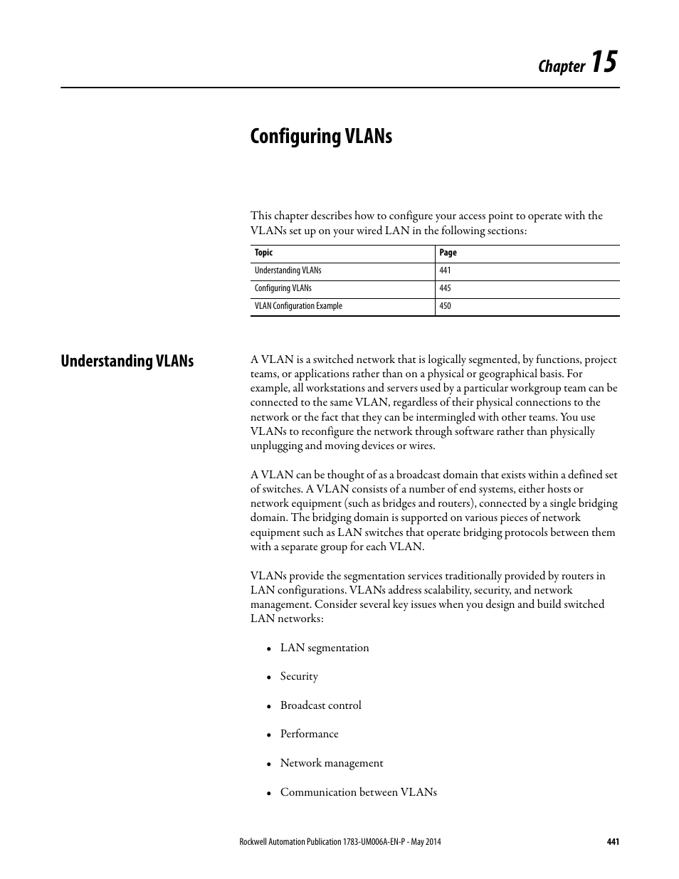 15 - configuring vlans, Understanding vlans, Chapter 15 | Configuring vlans, Chapter 15 configuring vlans, Chapter | Rockwell Automation 1783-WAPxxx Stratix 5100 Wireless Access Point User Manual User Manual | Page 441 / 612