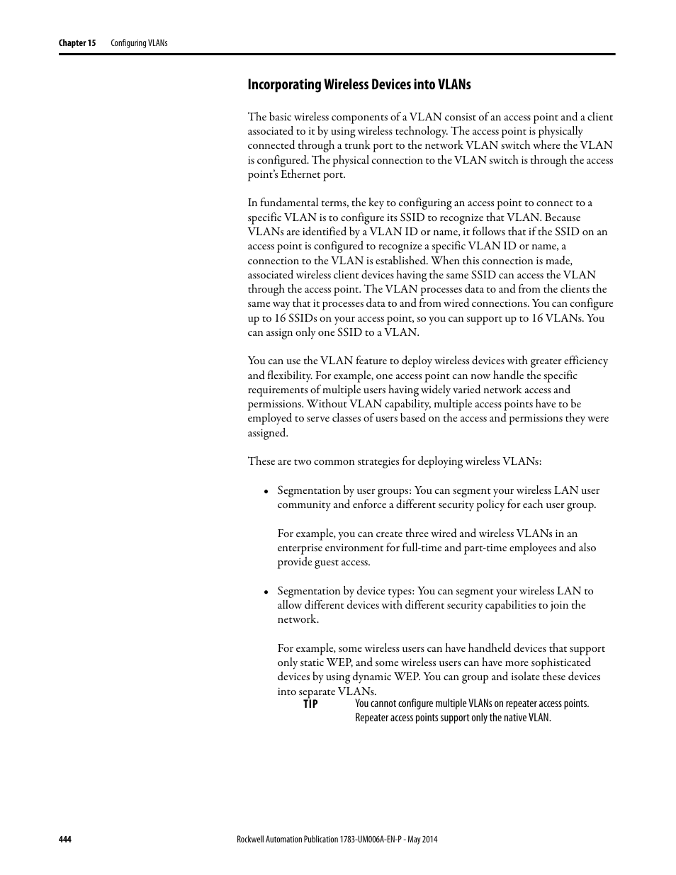 Incorporating wireless devices into vlans | Rockwell Automation 1783-WAPxxx Stratix 5100 Wireless Access Point User Manual User Manual | Page 444 / 612