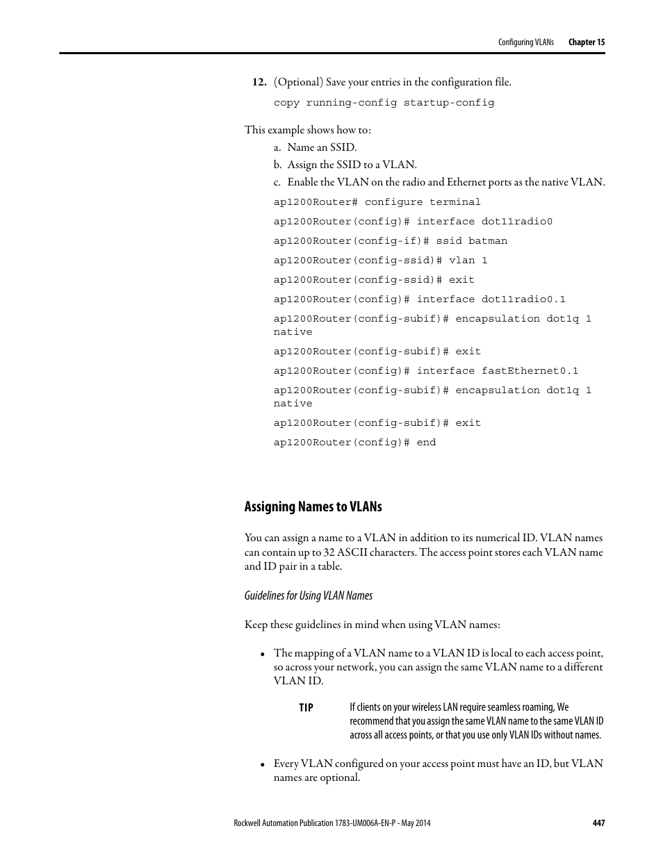 Assigning names to vlans | Rockwell Automation 1783-WAPxxx Stratix 5100 Wireless Access Point User Manual User Manual | Page 447 / 612