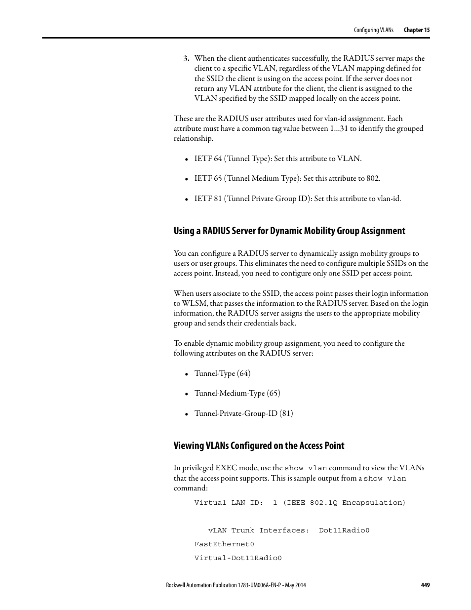 Viewing vlans configured on the access point | Rockwell Automation 1783-WAPxxx Stratix 5100 Wireless Access Point User Manual User Manual | Page 449 / 612