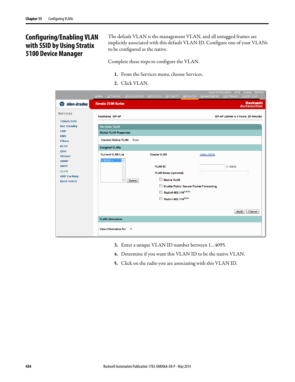 Configuring/enabling vlan with ssid by, Using stratix 5100 device manager | Rockwell Automation 1783-WAPxxx Stratix 5100 Wireless Access Point User Manual User Manual | Page 454 / 612