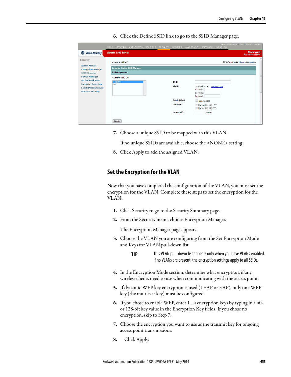 Set the encryption for the vlan | Rockwell Automation 1783-WAPxxx Stratix 5100 Wireless Access Point User Manual User Manual | Page 455 / 612