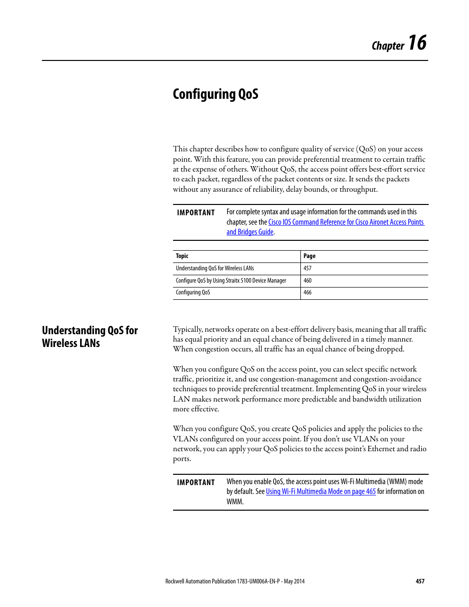 16 - configuring qos, Understanding qos for wireless lans, Chapter 16 | Configuring qos, Chapter 16 configuring qos, Chapter | Rockwell Automation 1783-WAPxxx Stratix 5100 Wireless Access Point User Manual User Manual | Page 457 / 612