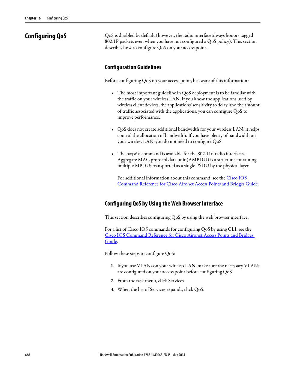 Configuring qos, Configuration guidelines, Configuring qos by using the web browser interface | Rockwell Automation 1783-WAPxxx Stratix 5100 Wireless Access Point User Manual User Manual | Page 466 / 612