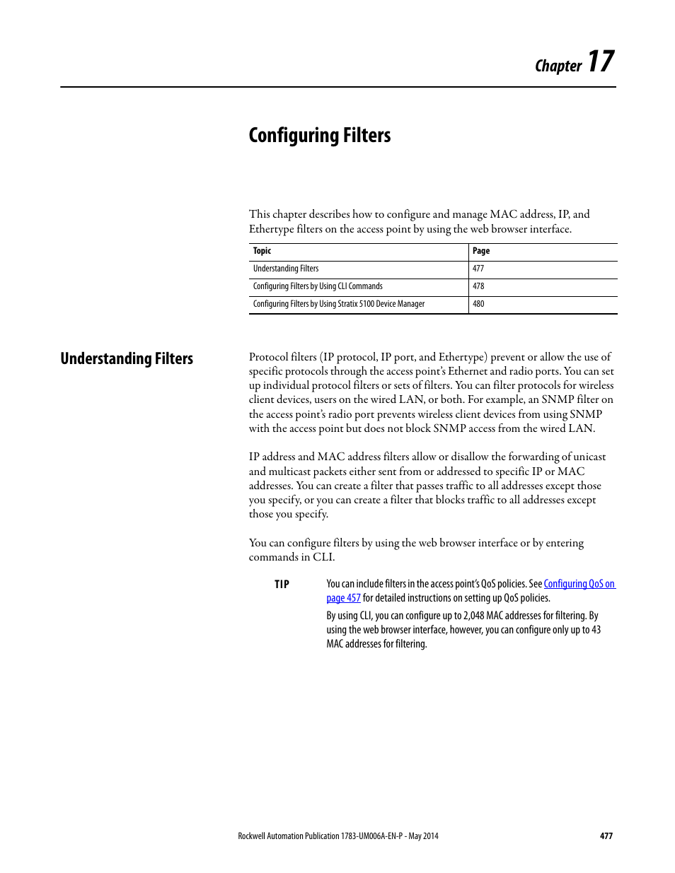 17 - configuring filters, Understanding filters, Chapter 17 | Configuring filters, Chapter 17 configuring filters, Chapter | Rockwell Automation 1783-WAPxxx Stratix 5100 Wireless Access Point User Manual User Manual | Page 477 / 612