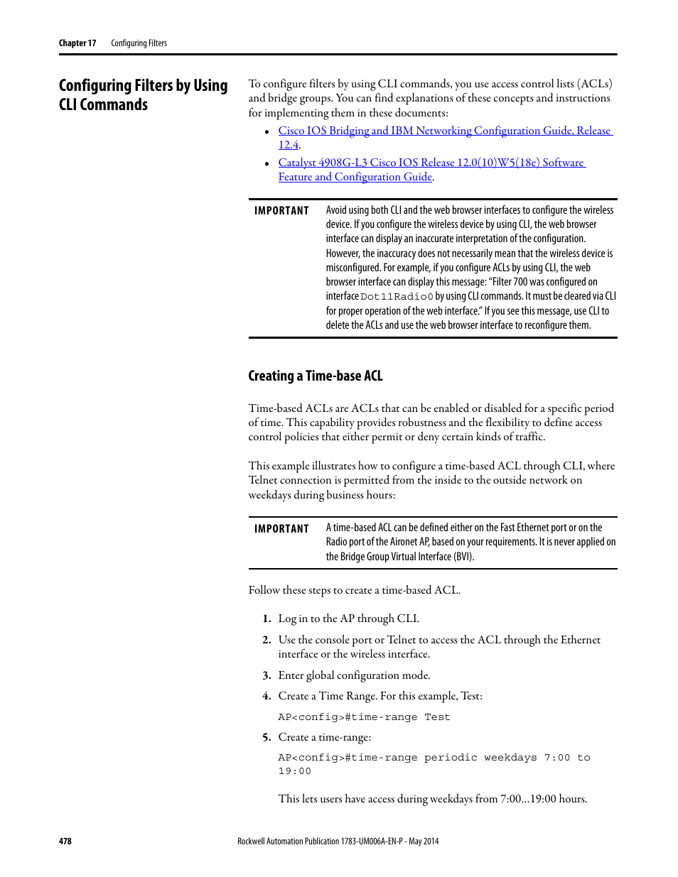 Configuring filters by using cli commands, Creating a time-base acl | Rockwell Automation 1783-WAPxxx Stratix 5100 Wireless Access Point User Manual User Manual | Page 478 / 612