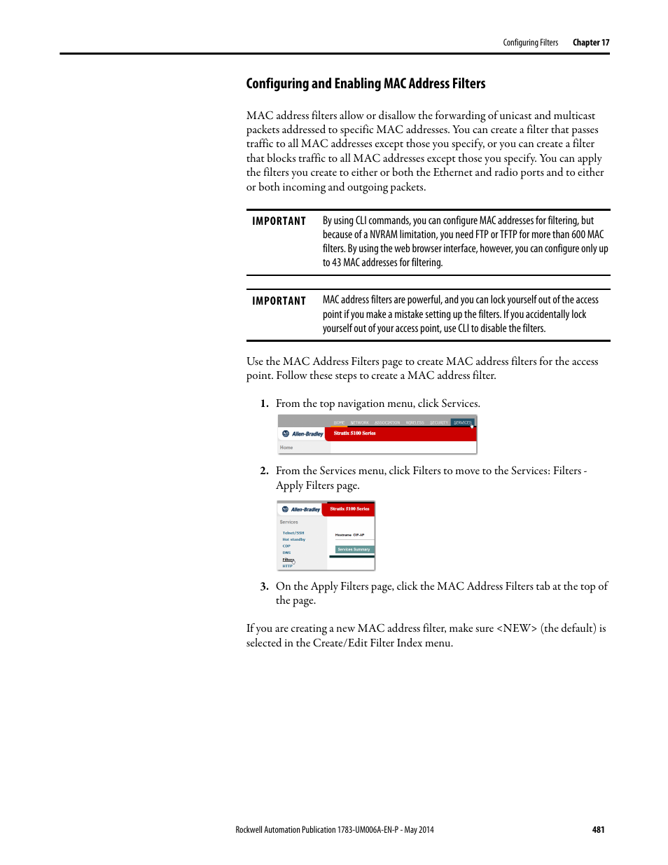 Configuring and enabling mac address filters | Rockwell Automation 1783-WAPxxx Stratix 5100 Wireless Access Point User Manual User Manual | Page 481 / 612