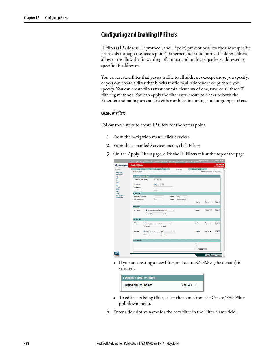 Configuring and enabling ip filters | Rockwell Automation 1783-WAPxxx Stratix 5100 Wireless Access Point User Manual User Manual | Page 488 / 612