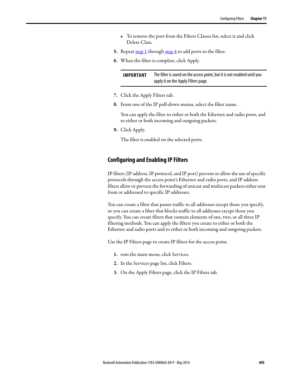 Configuring and enabling ip filters | Rockwell Automation 1783-WAPxxx Stratix 5100 Wireless Access Point User Manual User Manual | Page 493 / 612