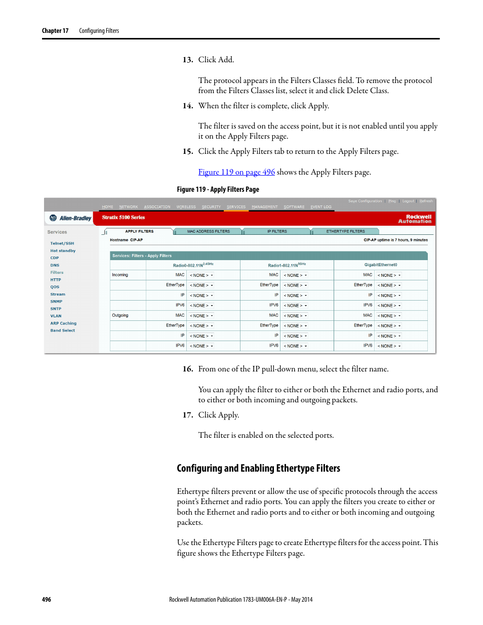 Configuring and enabling ethertype filters | Rockwell Automation 1783-WAPxxx Stratix 5100 Wireless Access Point User Manual User Manual | Page 496 / 612