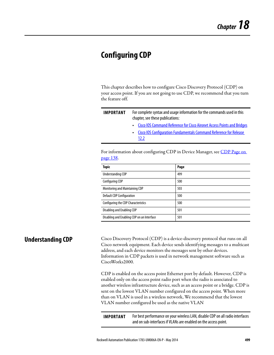 18 - configuring cdp, Understanding cdp, Chapter 18 | Configuring cdp, Chapter 18 configuring cdp, Chapter | Rockwell Automation 1783-WAPxxx Stratix 5100 Wireless Access Point User Manual User Manual | Page 499 / 612