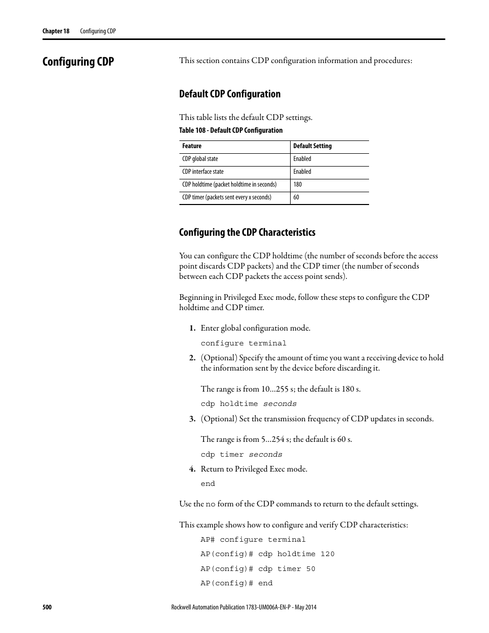 Configuring cdp, Default cdp configuration, Configuring the cdp characteristics | Rockwell Automation 1783-WAPxxx Stratix 5100 Wireless Access Point User Manual User Manual | Page 500 / 612