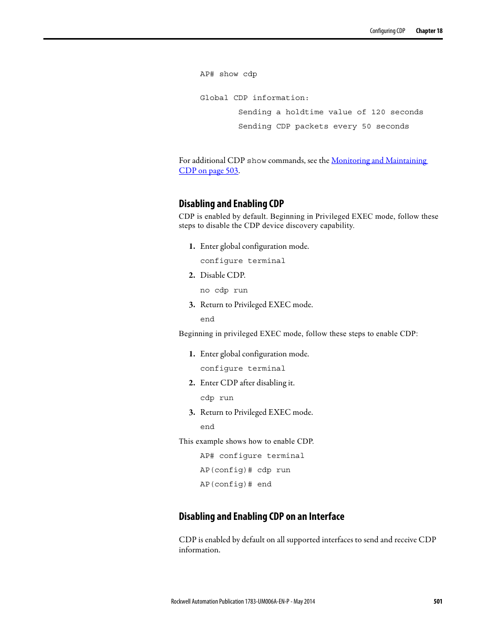 Disabling and enabling cdp, Disabling and enabling cdp on an interface | Rockwell Automation 1783-WAPxxx Stratix 5100 Wireless Access Point User Manual User Manual | Page 501 / 612