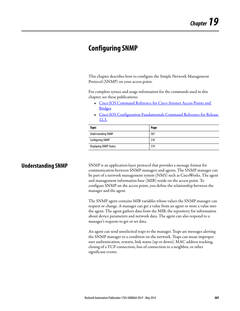 19 - configuring snmp, Understanding snmp, Chapter 19 | Configuring snmp, Chapter 19 configuring snmp, Configuring snmp on, Chapter | Rockwell Automation 1783-WAPxxx Stratix 5100 Wireless Access Point User Manual User Manual | Page 507 / 612