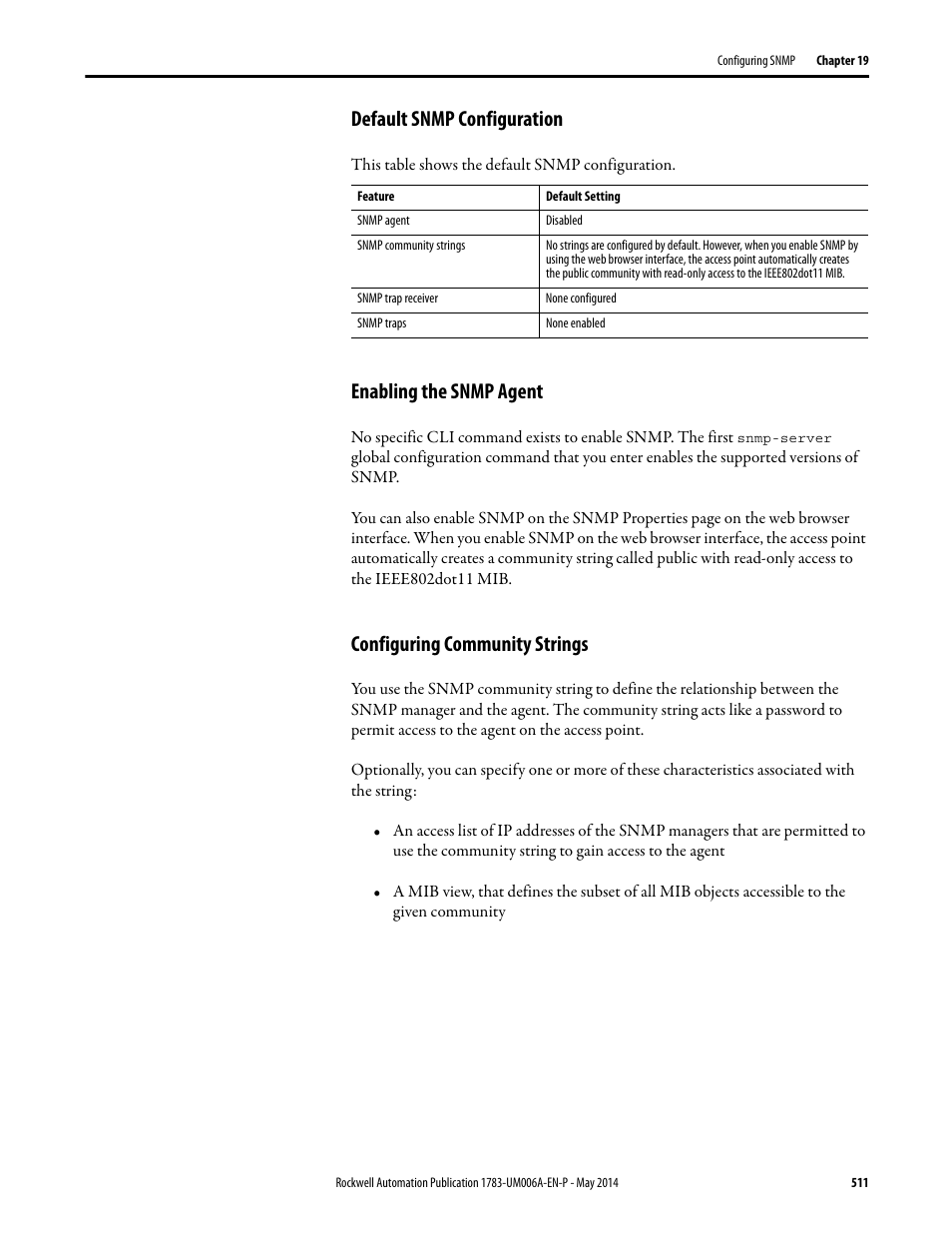 Default snmp configuration, Enabling the snmp agent, Configuring community strings | Rockwell Automation 1783-WAPxxx Stratix 5100 Wireless Access Point User Manual User Manual | Page 511 / 612