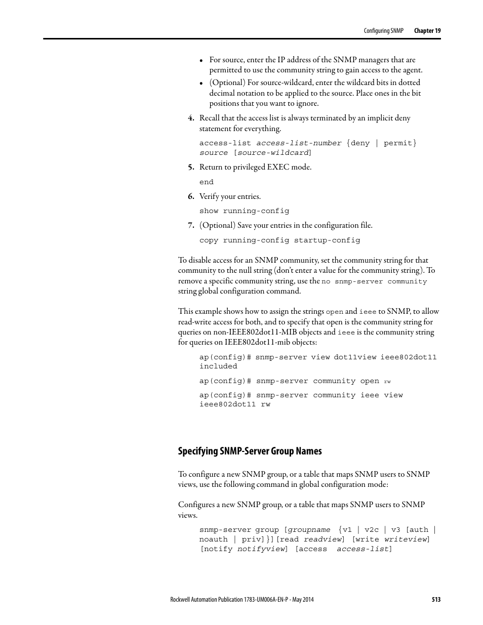 Specifying snmp-server group names | Rockwell Automation 1783-WAPxxx Stratix 5100 Wireless Access Point User Manual User Manual | Page 513 / 612