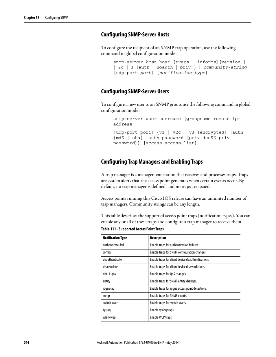 Configuring snmp-server hosts, Configuring snmp-server users, Configuring trap managers and enabling traps | Rockwell Automation 1783-WAPxxx Stratix 5100 Wireless Access Point User Manual User Manual | Page 514 / 612