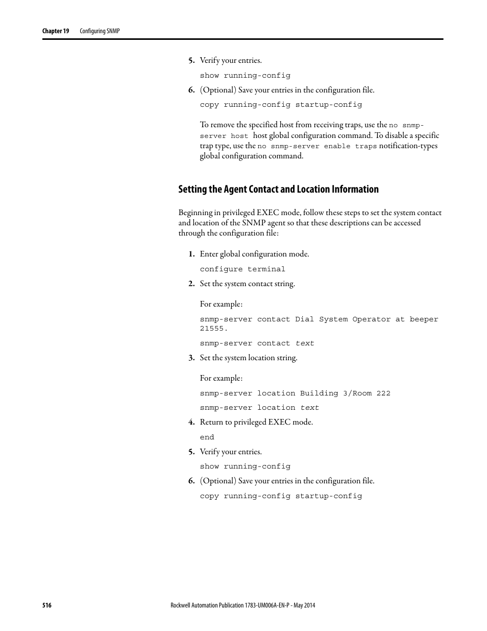 Setting the agent contact and location information | Rockwell Automation 1783-WAPxxx Stratix 5100 Wireless Access Point User Manual User Manual | Page 516 / 612