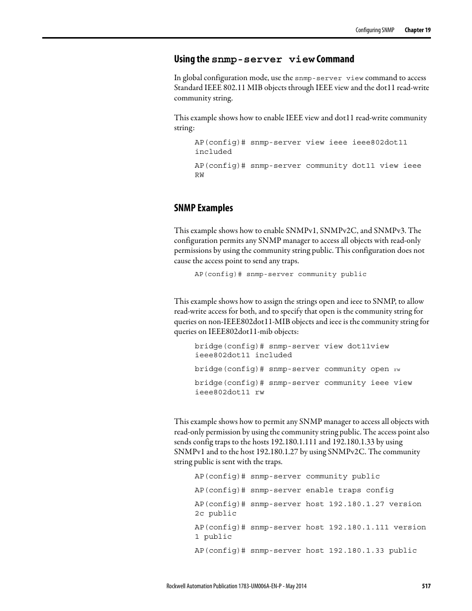 Using the snmp-server view command, Snmp examples, Using the snmp-server view command snmp examples | Rockwell Automation 1783-WAPxxx Stratix 5100 Wireless Access Point User Manual User Manual | Page 517 / 612