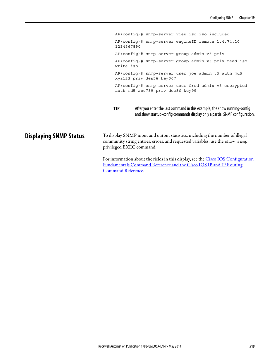 Displaying snmp status | Rockwell Automation 1783-WAPxxx Stratix 5100 Wireless Access Point User Manual User Manual | Page 519 / 612