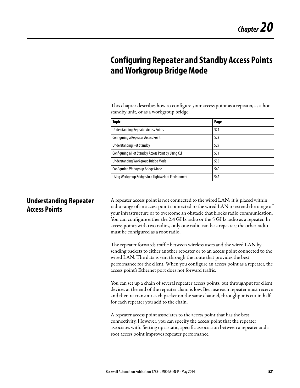 Understanding repeater access points, Chapter 20, Chapter | Rockwell Automation 1783-WAPxxx Stratix 5100 Wireless Access Point User Manual User Manual | Page 521 / 612