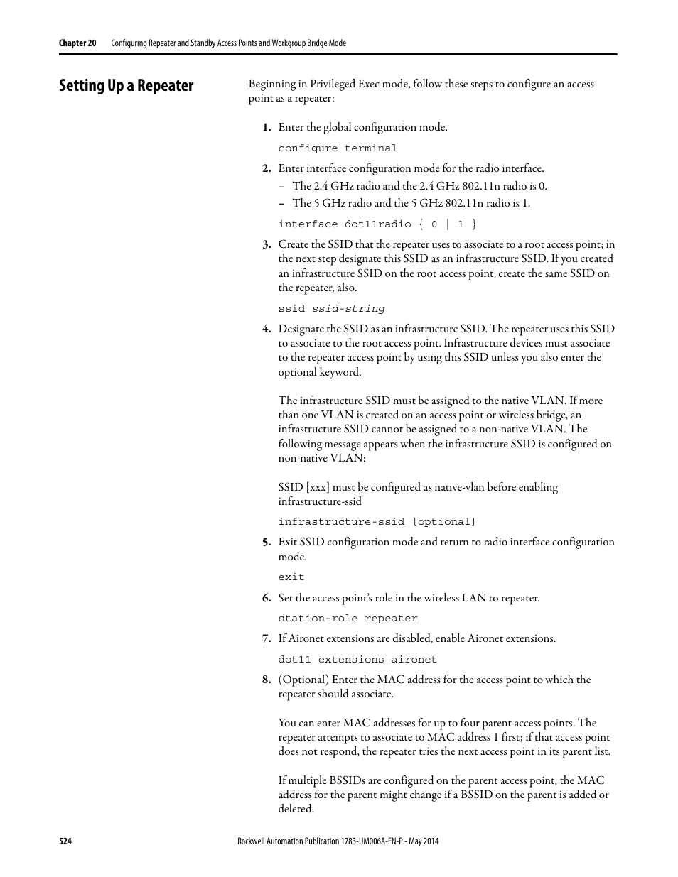 Setting up a repeater | Rockwell Automation 1783-WAPxxx Stratix 5100 Wireless Access Point User Manual User Manual | Page 524 / 612