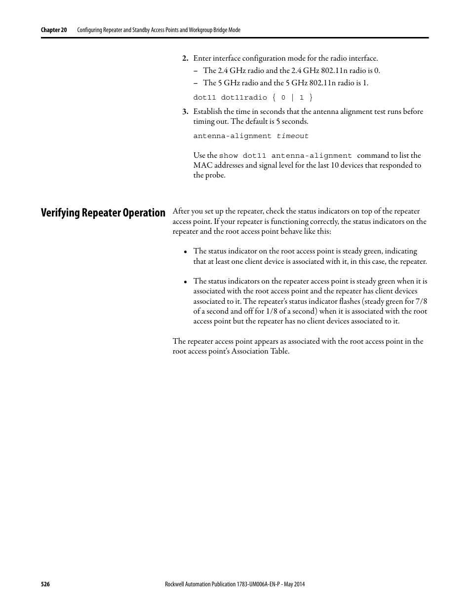 Verifying repeater operation | Rockwell Automation 1783-WAPxxx Stratix 5100 Wireless Access Point User Manual User Manual | Page 526 / 612