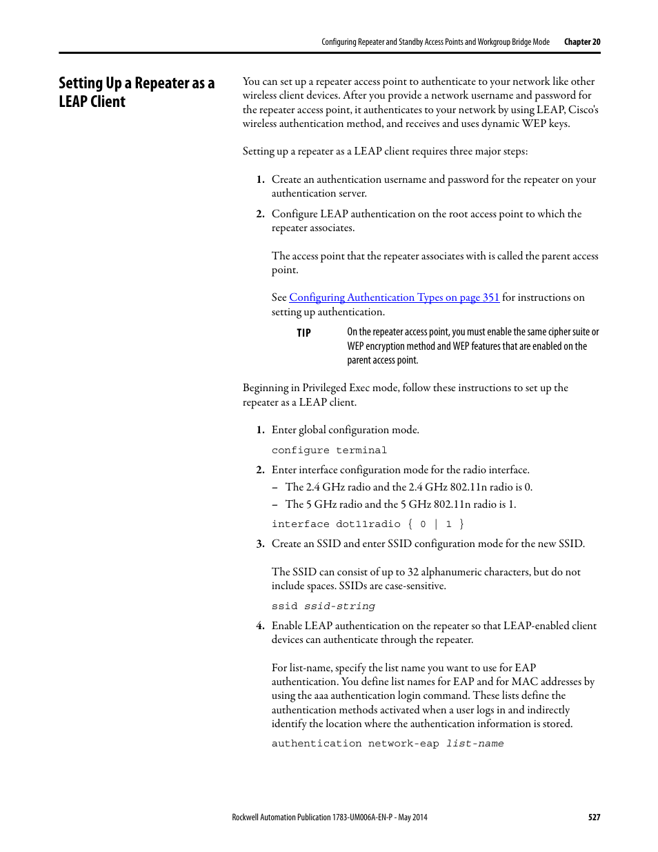 Setting up a repeater as a leap client | Rockwell Automation 1783-WAPxxx Stratix 5100 Wireless Access Point User Manual User Manual | Page 527 / 612