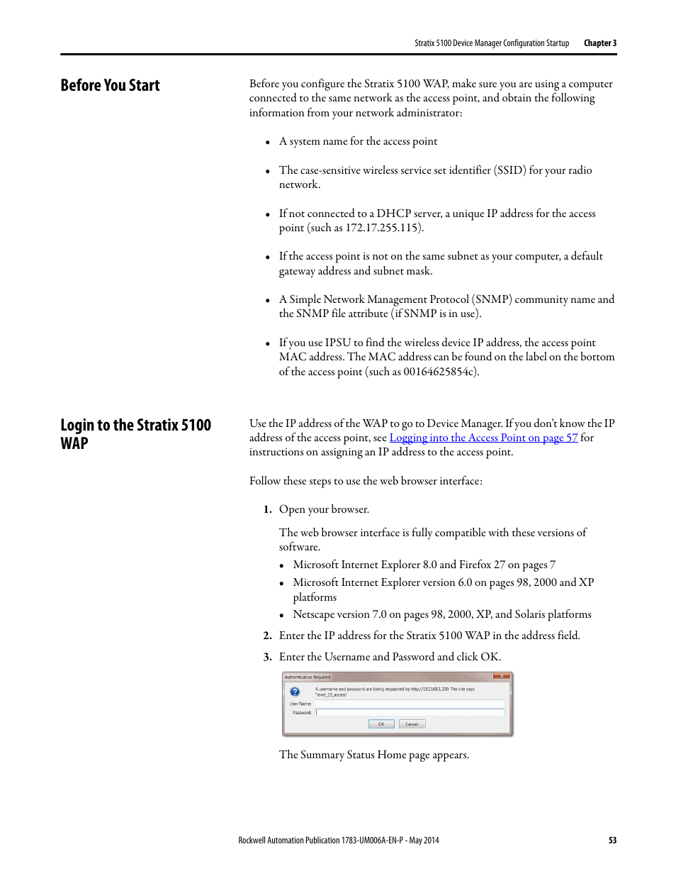 Before you start, Login to the stratix 5100 wap, Before you start login to the stratix 5100 wap | Rockwell Automation 1783-WAPxxx Stratix 5100 Wireless Access Point User Manual User Manual | Page 53 / 612