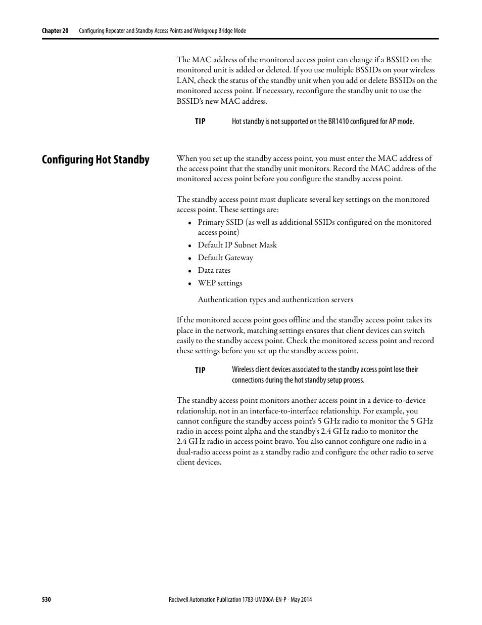 Configuring hot standby | Rockwell Automation 1783-WAPxxx Stratix 5100 Wireless Access Point User Manual User Manual | Page 530 / 612