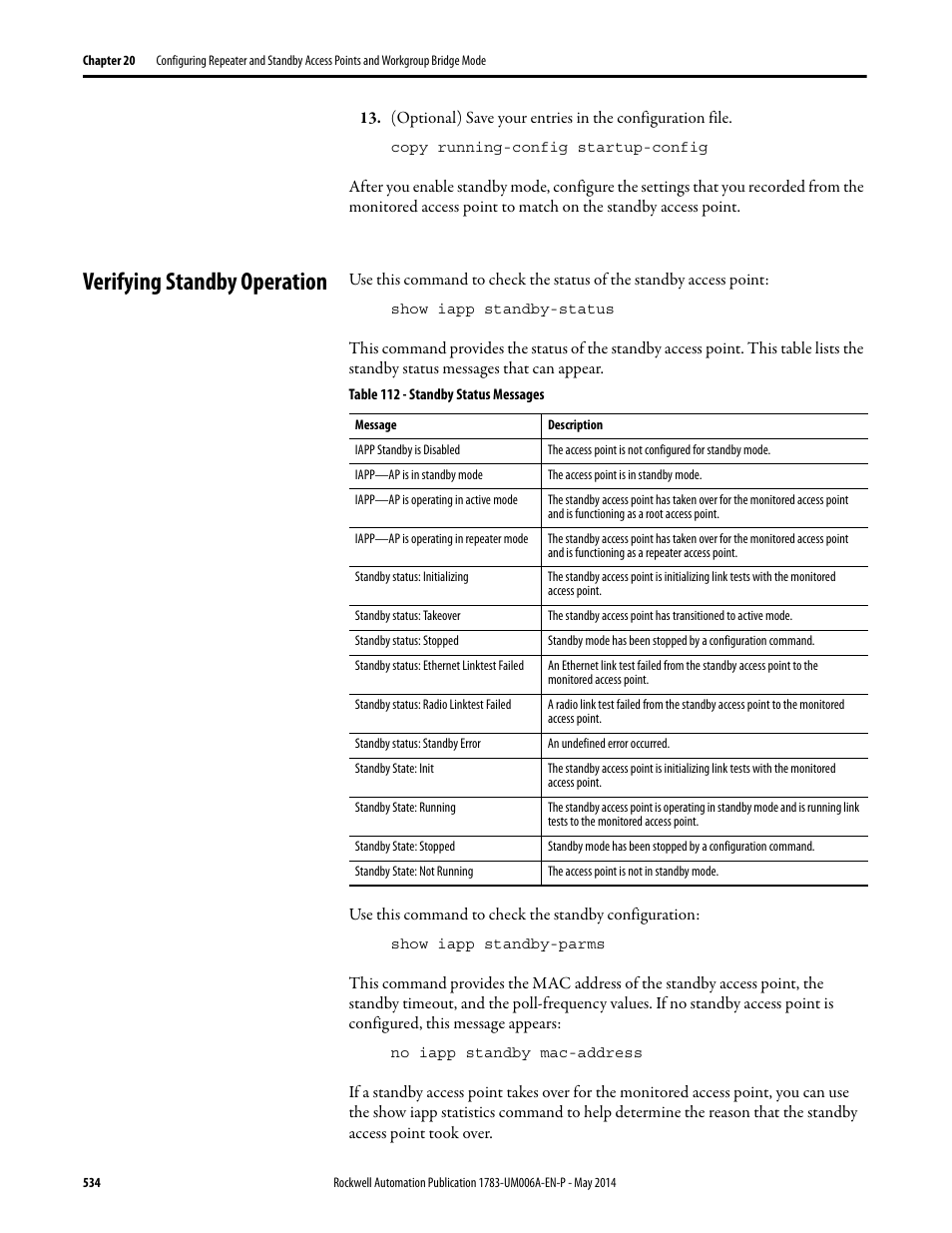 Verifying standby operation | Rockwell Automation 1783-WAPxxx Stratix 5100 Wireless Access Point User Manual User Manual | Page 534 / 612