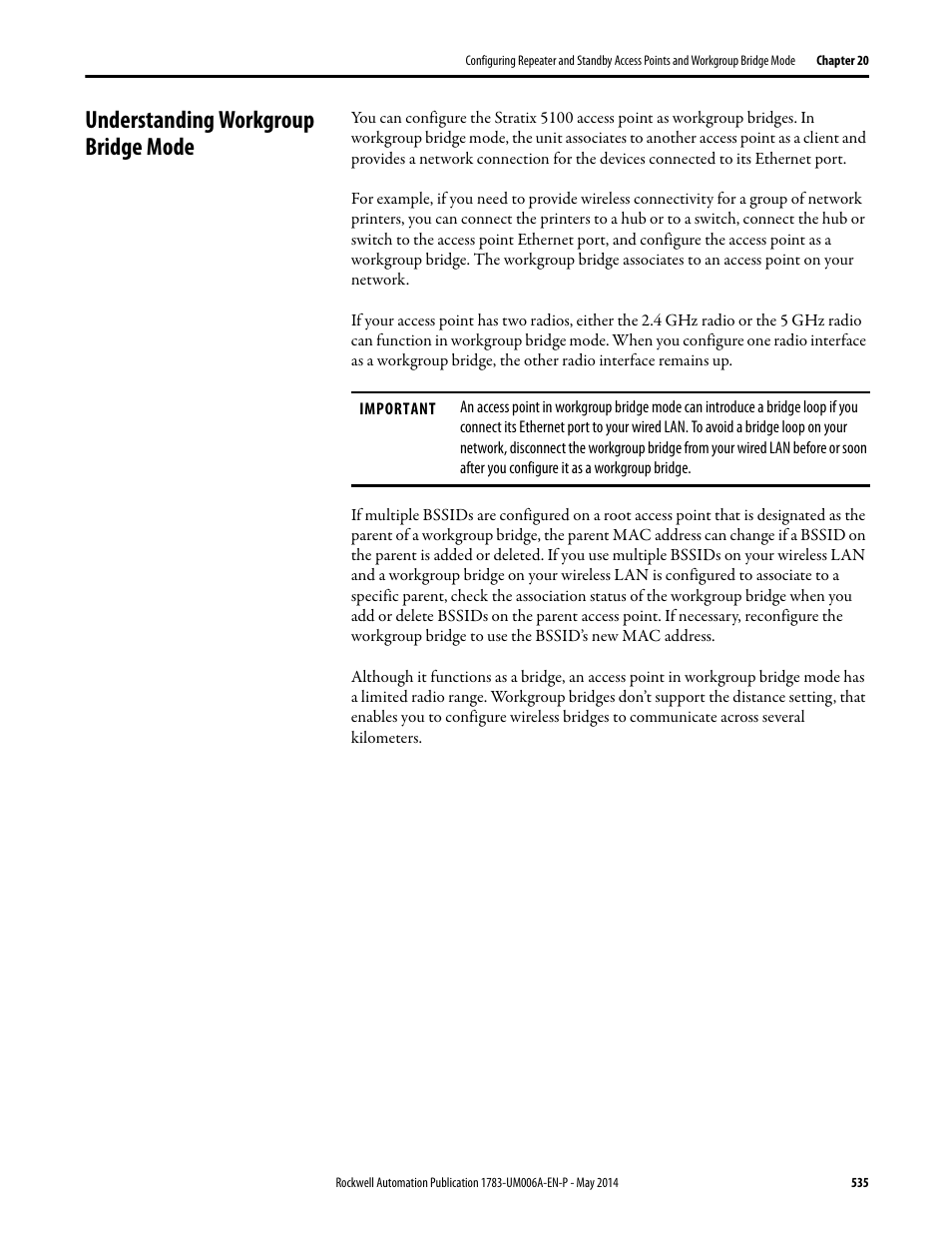 Understanding workgroup bridge mode | Rockwell Automation 1783-WAPxxx Stratix 5100 Wireless Access Point User Manual User Manual | Page 535 / 612