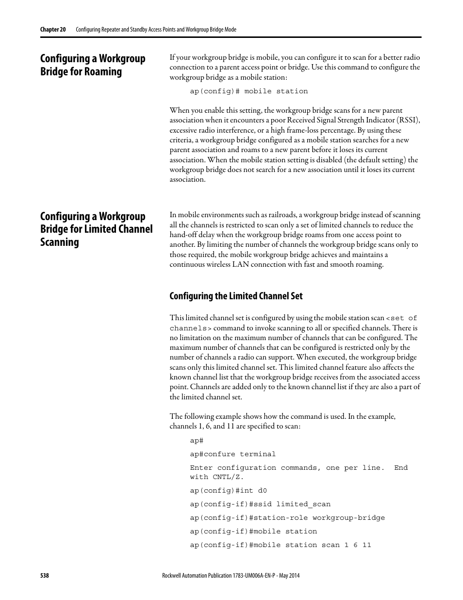 Configuring a workgroup bridge for roaming, Configuring the limited channel set | Rockwell Automation 1783-WAPxxx Stratix 5100 Wireless Access Point User Manual User Manual | Page 538 / 612