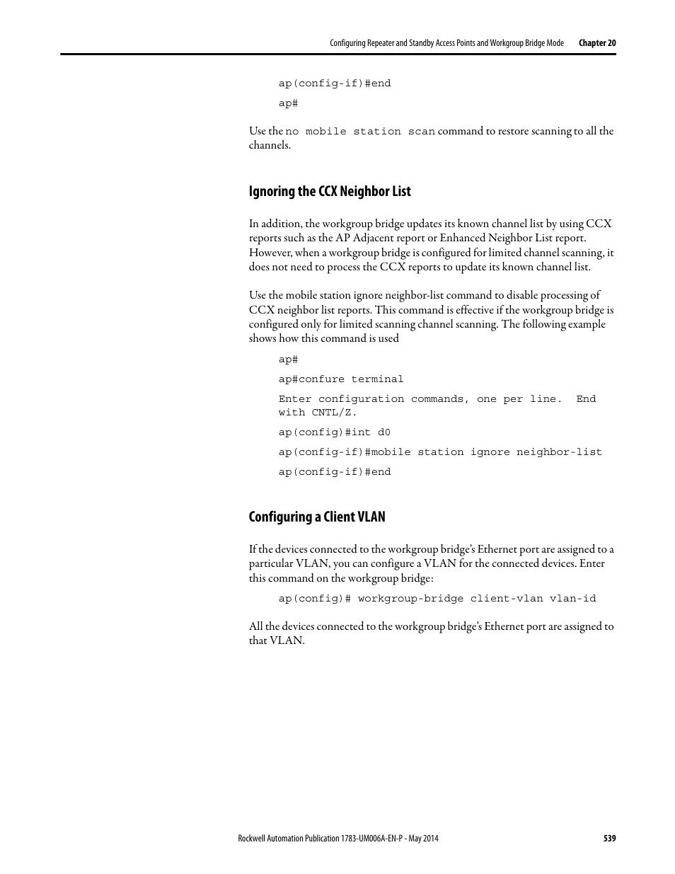 Ignoring the ccx neighbor list, Configuring a client vlan | Rockwell Automation 1783-WAPxxx Stratix 5100 Wireless Access Point User Manual User Manual | Page 539 / 612