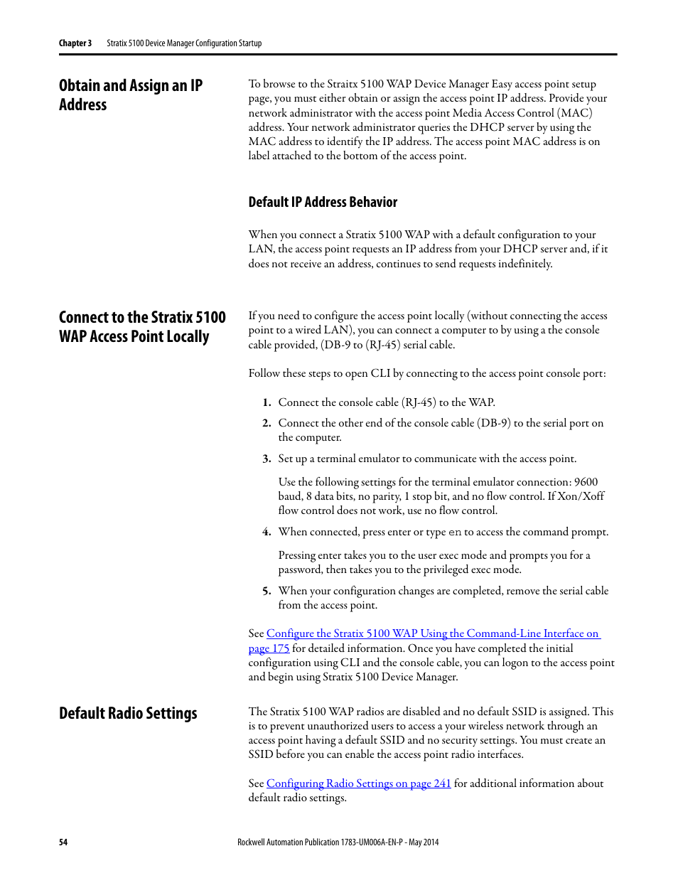 Obtain and assign an ip address, Default ip address behavior, Default radio settings | Connect to the stratix 5100, Connect | Rockwell Automation 1783-WAPxxx Stratix 5100 Wireless Access Point User Manual User Manual | Page 54 / 612