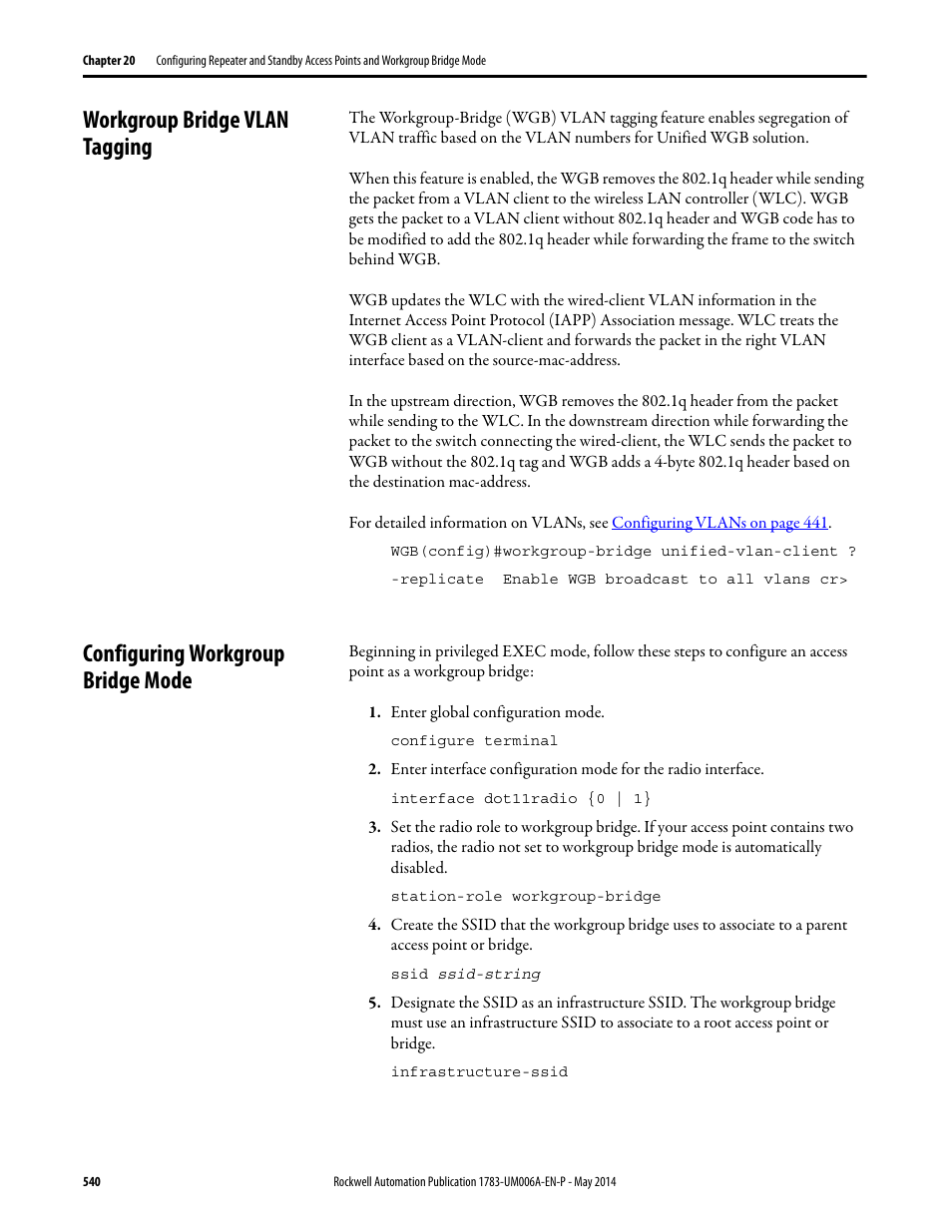 Workgroup bridge vlan tagging, Configuring workgroup bridge mode, Configuring | For i | Rockwell Automation 1783-WAPxxx Stratix 5100 Wireless Access Point User Manual User Manual | Page 540 / 612