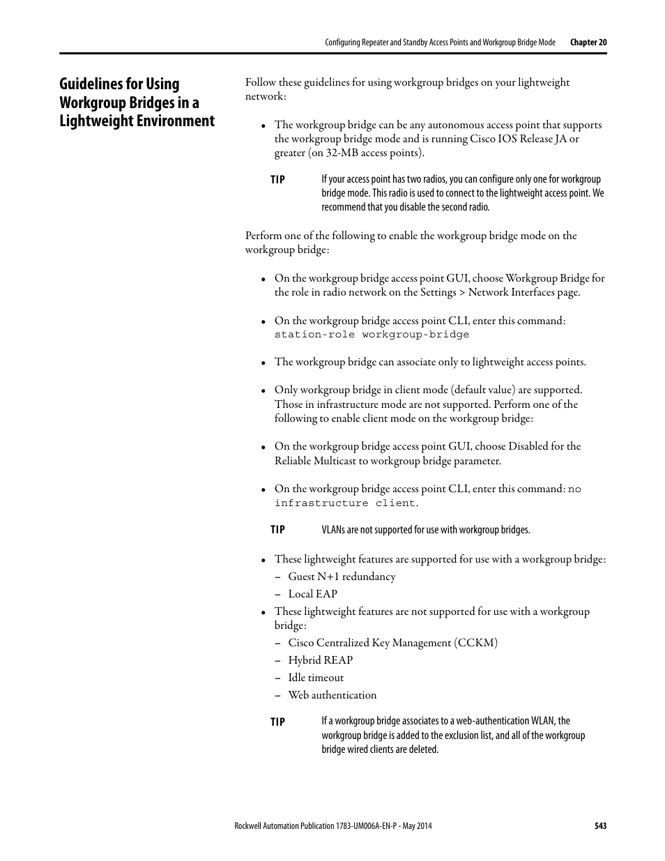 Guidelines for using workgroup bridges, In a lightweight environment | Rockwell Automation 1783-WAPxxx Stratix 5100 Wireless Access Point User Manual User Manual | Page 543 / 612