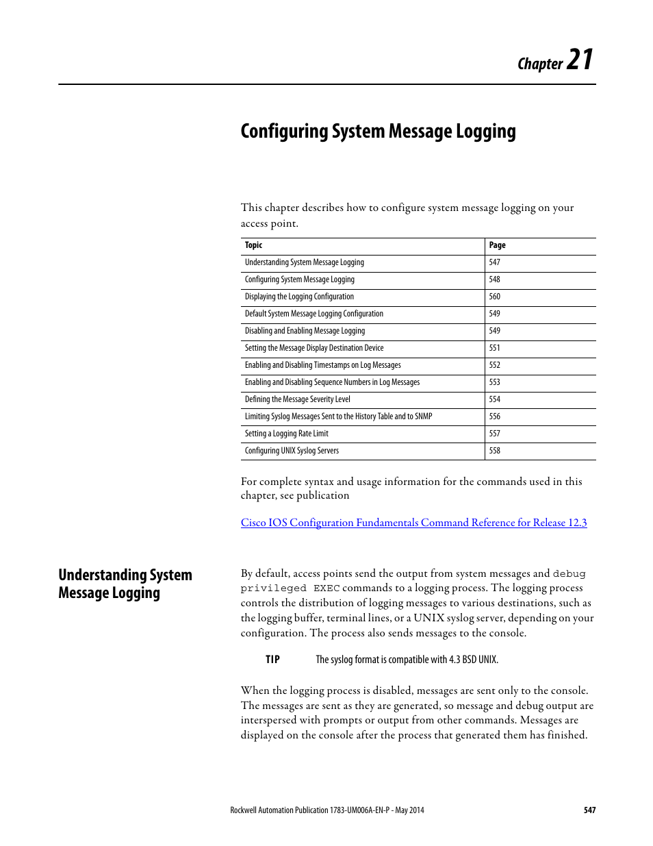 21 - configuring system message logging, Understanding system message logging, Chapter 21 | Configuring system message logging, Chapter 21 configuring system message logging, Chapter | Rockwell Automation 1783-WAPxxx Stratix 5100 Wireless Access Point User Manual User Manual | Page 547 / 612