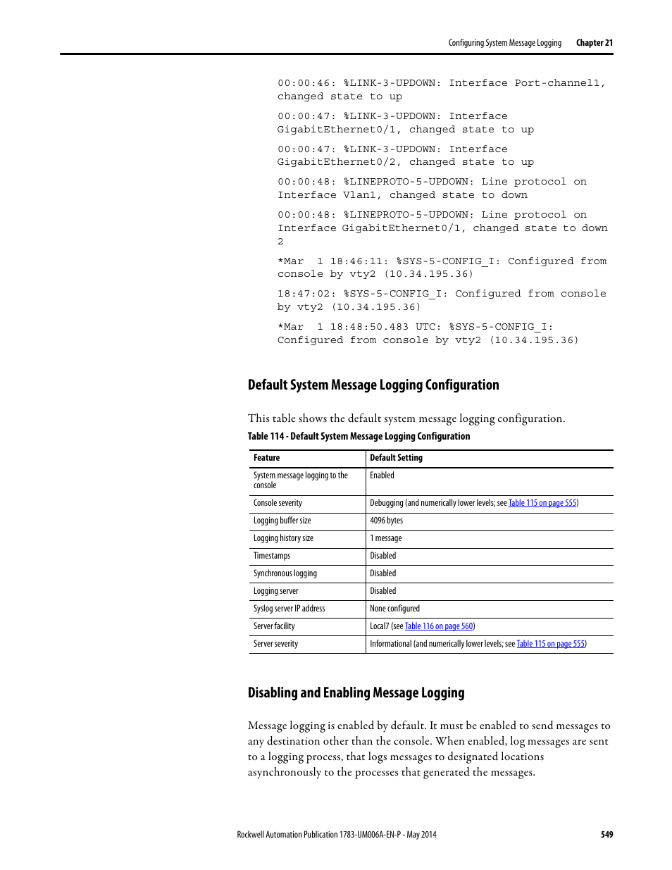 Default system message logging configuration, Disabling and enabling message logging | Rockwell Automation 1783-WAPxxx Stratix 5100 Wireless Access Point User Manual User Manual | Page 549 / 612