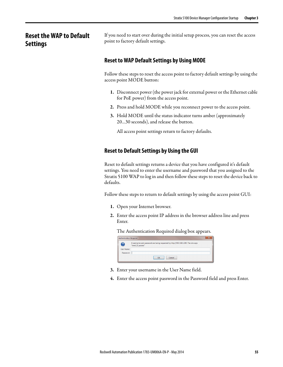 Reset the wap to default settings, Reset to wap default settings by using mode, Reset to default settings by using the gui | Rockwell Automation 1783-WAPxxx Stratix 5100 Wireless Access Point User Manual User Manual | Page 55 / 612