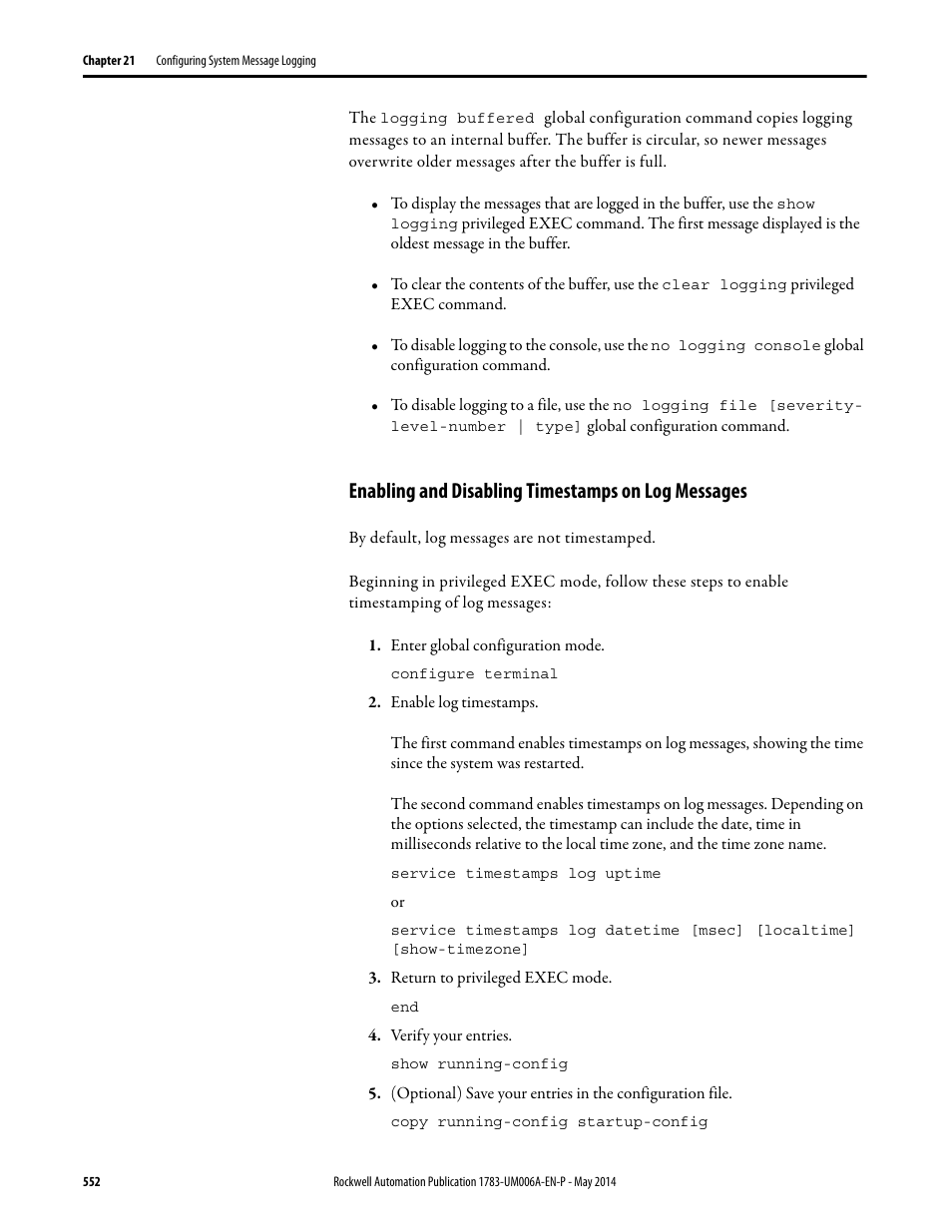 Enabling and disabling timestamps on log messages | Rockwell Automation 1783-WAPxxx Stratix 5100 Wireless Access Point User Manual User Manual | Page 552 / 612