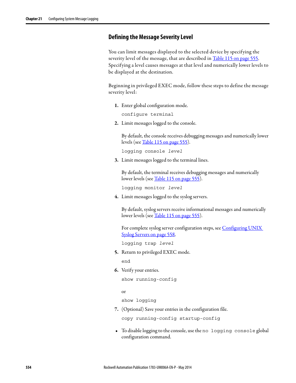 Defining the message severity level | Rockwell Automation 1783-WAPxxx Stratix 5100 Wireless Access Point User Manual User Manual | Page 554 / 612