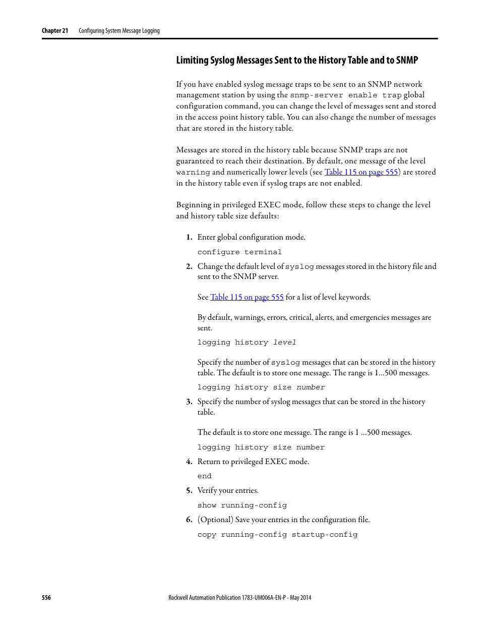 Limiting syslog messages sent to the, History table and to snmp | Rockwell Automation 1783-WAPxxx Stratix 5100 Wireless Access Point User Manual User Manual | Page 556 / 612