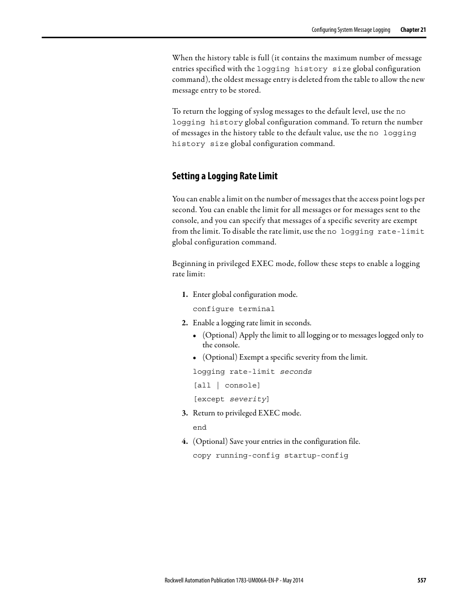 Setting a logging rate limit | Rockwell Automation 1783-WAPxxx Stratix 5100 Wireless Access Point User Manual User Manual | Page 557 / 612