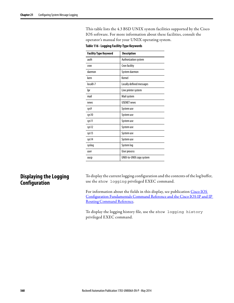 Displaying the logging configuration | Rockwell Automation 1783-WAPxxx Stratix 5100 Wireless Access Point User Manual User Manual | Page 560 / 612