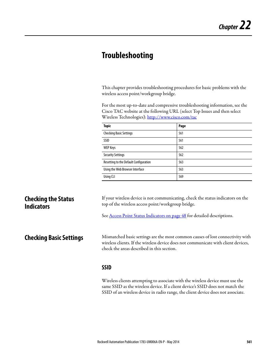 22 - troubleshooting, Checking the status indicators, Checking basic settings | Ssid, Chapter 22, Troubleshooting, Chapter 22 troubleshooting, Chapter | Rockwell Automation 1783-WAPxxx Stratix 5100 Wireless Access Point User Manual User Manual | Page 561 / 612