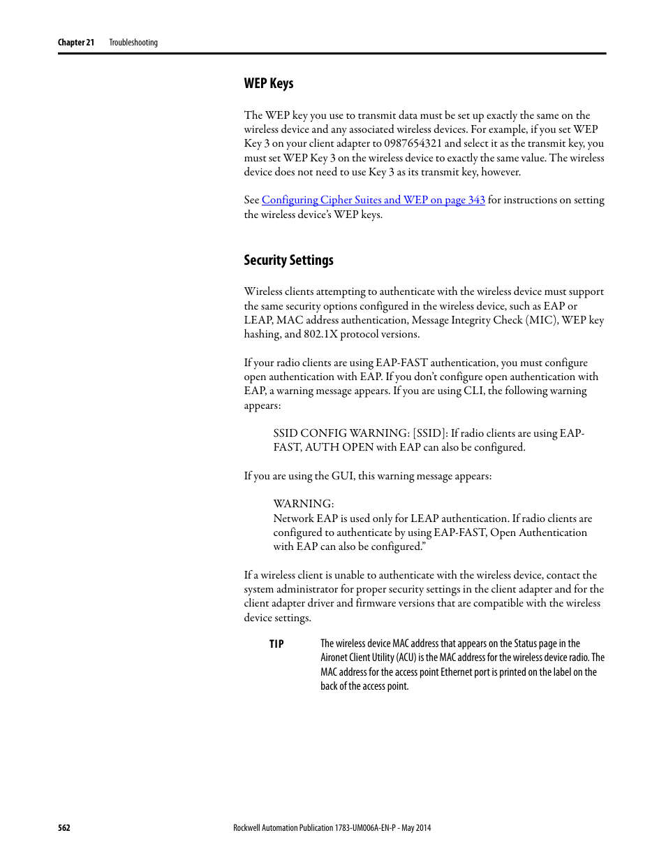 Wep keys, Security settings, Wep keys security settings | Rockwell Automation 1783-WAPxxx Stratix 5100 Wireless Access Point User Manual User Manual | Page 562 / 612