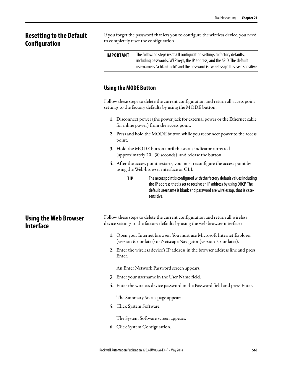 Resetting to the default configuration, Using the mode button, Using the web browser interface | Rockwell Automation 1783-WAPxxx Stratix 5100 Wireless Access Point User Manual User Manual | Page 563 / 612