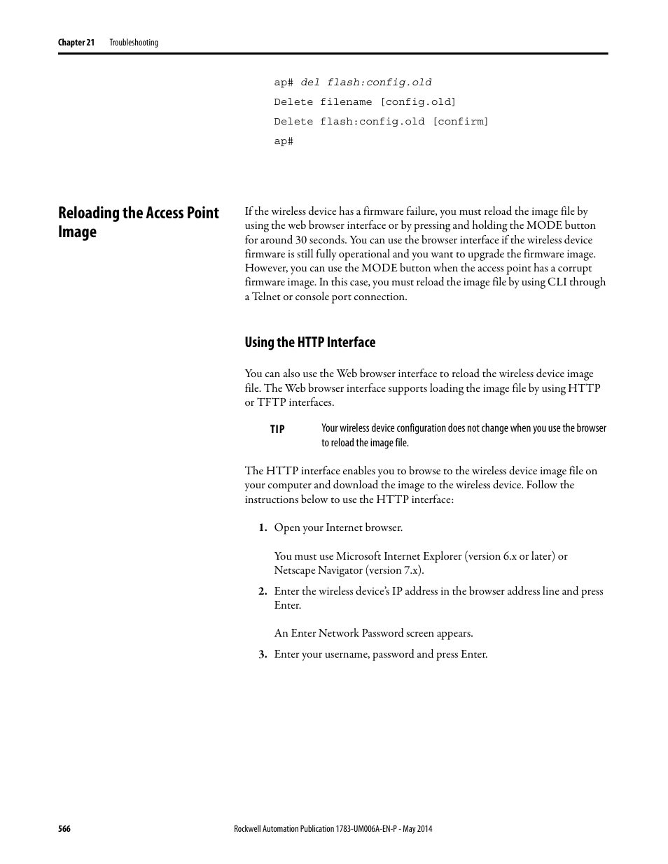 Reloading the access point image, Using the http interface | Rockwell Automation 1783-WAPxxx Stratix 5100 Wireless Access Point User Manual User Manual | Page 566 / 612